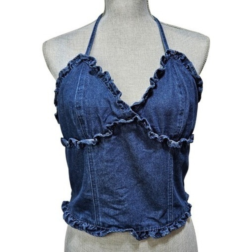 Blue Ruffle Smocked Denim Halter Top XL‎ Y2K Coastal Cowgirl Boho Festival Girly